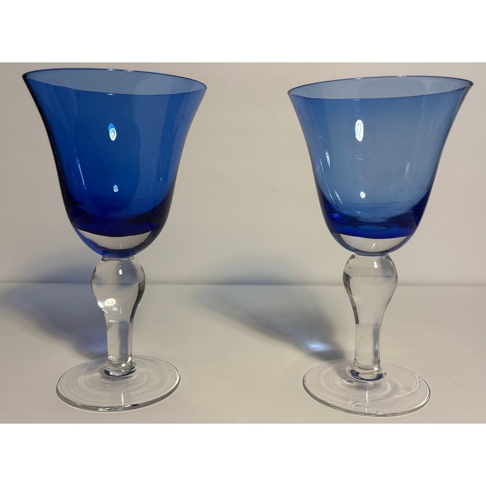 Vintage Cobalt Blue Hand Blown Wine Goblets Clear Bubble Stem Art Glass Set of 2